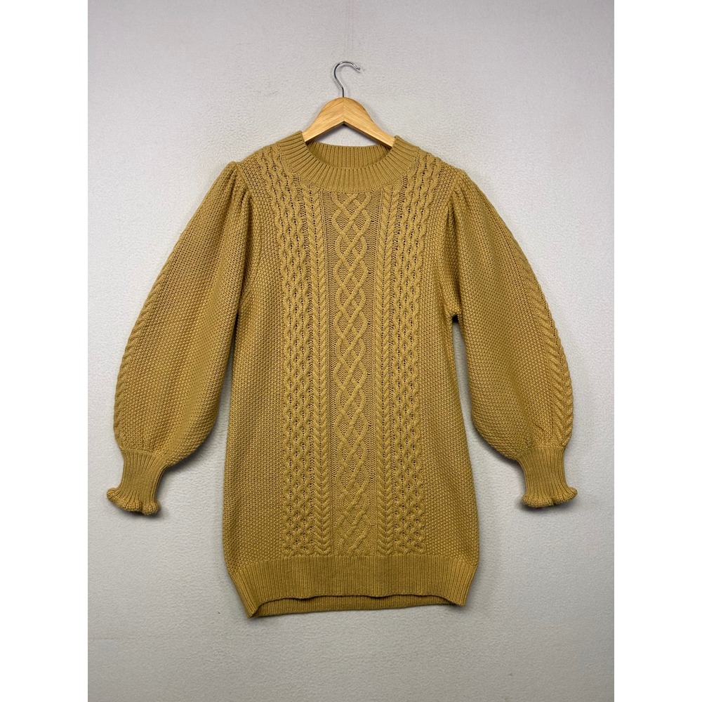 Miss Selfridge Cable Knit Puff Sleeve Women S Mustard Yellow Mini Sweater Dress